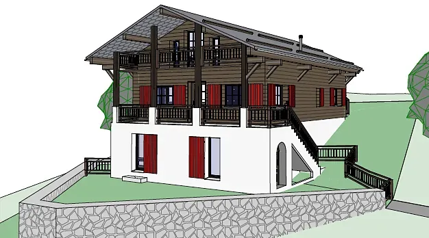 Perspective drawing of the remodelled chalet with raised timber upper floor