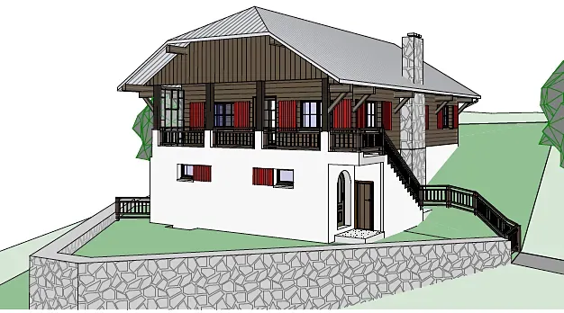 Perspective drawing of the existing chalet with red shutters