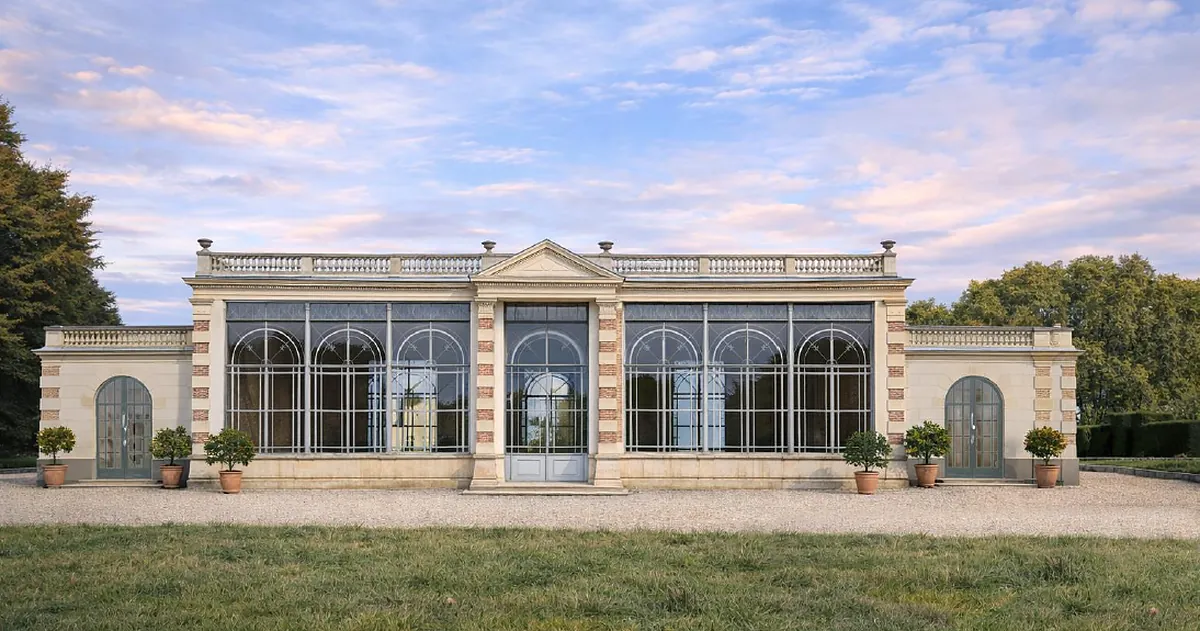 The restored orangery photographed at dusk
