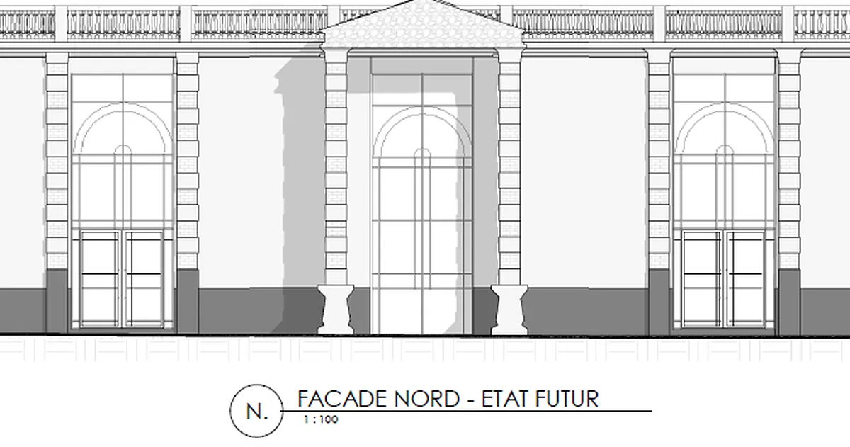 Measured north elevation drawing of a neoclassical orangery