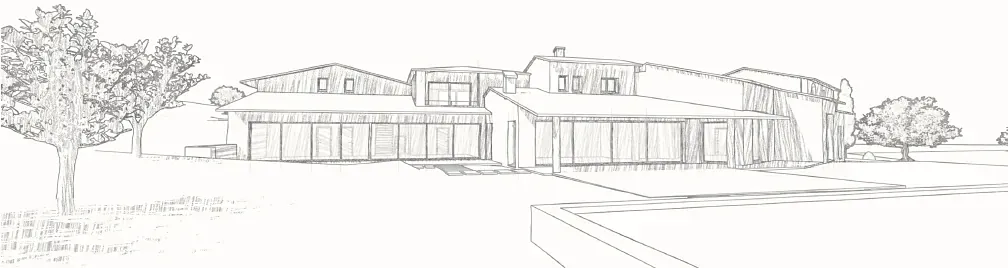 Pencil sketch of the proposed extended farmhouse with new wings