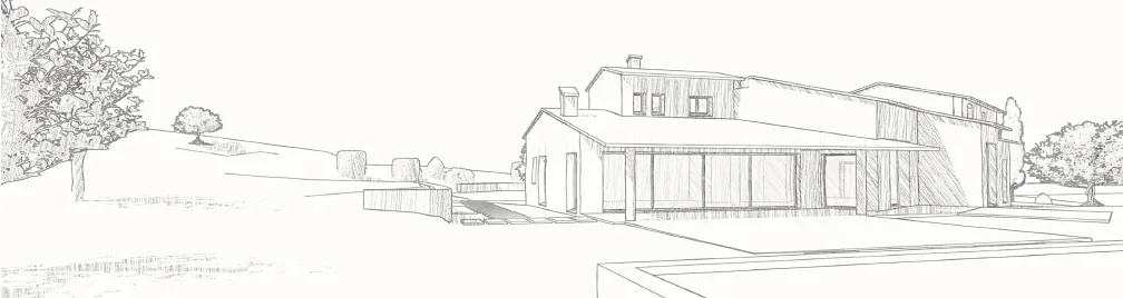 Pencil sketch of the existing single storey farmhouse among trees
